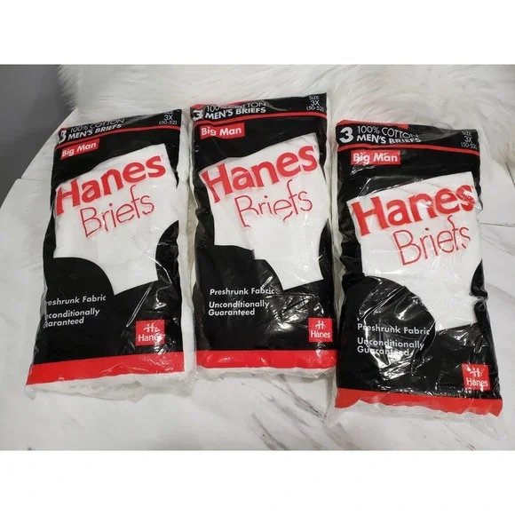 9 PAIR VTG 1990 Hanes Underwear Big Man Briefs Men 3XL 50-52 Deadstock White NOS