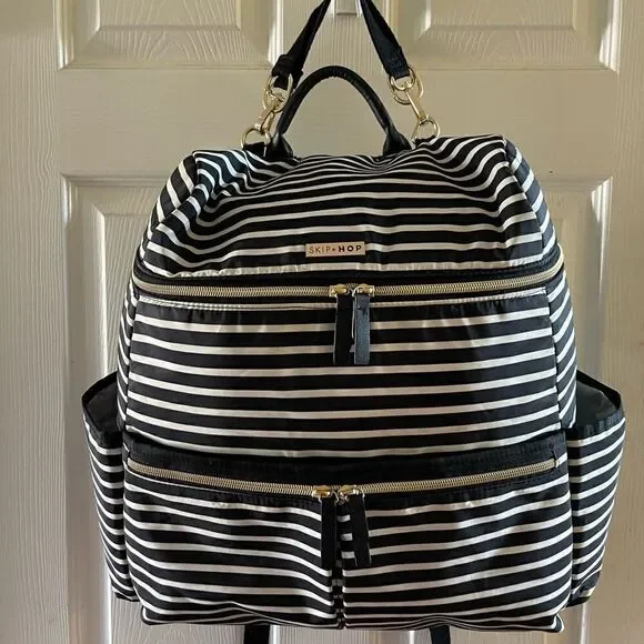 SKIP HOP FLATIRON DIAPER BACKPACK NYLON BLACK-WHITE WITH GOLD TONE HARDWARES
