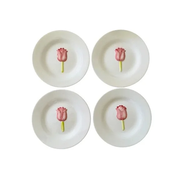Pier 1 PAI Tulip Side Dessert Plates Set of 4 VTG Hand Painted Ceramic 8.25