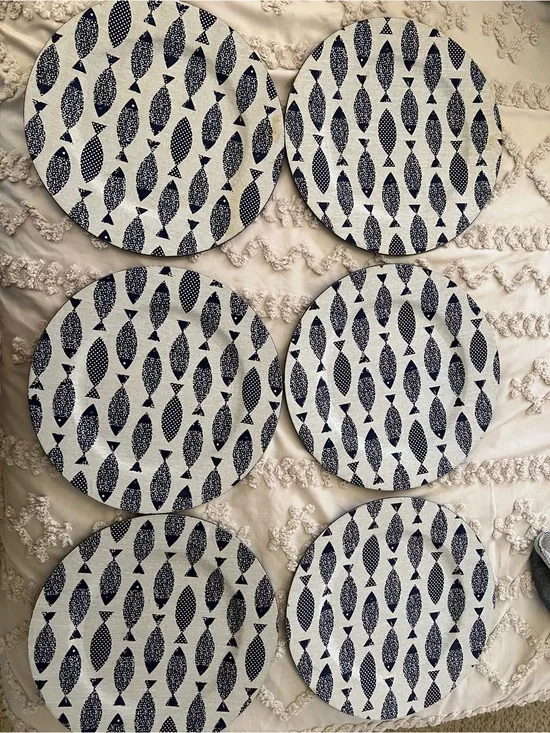 Pier 1 Imports navy blue and white Fish Charger Plates set of 6 12.75” diameter