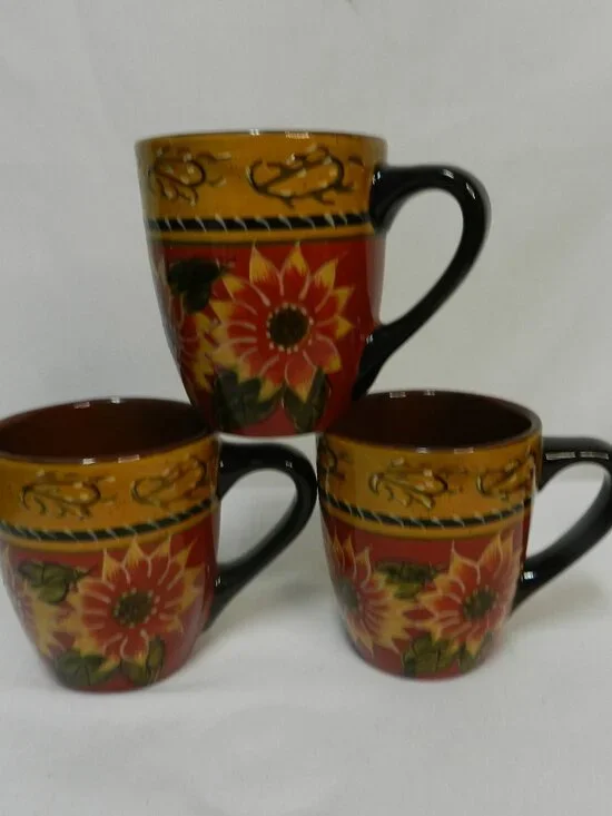 Pier 1 One Sunflower Hand painted Terracotta Mug Cup Set 3 floral Vintage