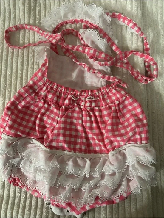 Pink Gingham boutique Ruffle Baby Romper