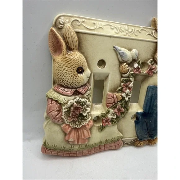 Vtg 2 Toggle Switch Plate Ceramic Cover Nursery Bunny Rabbit