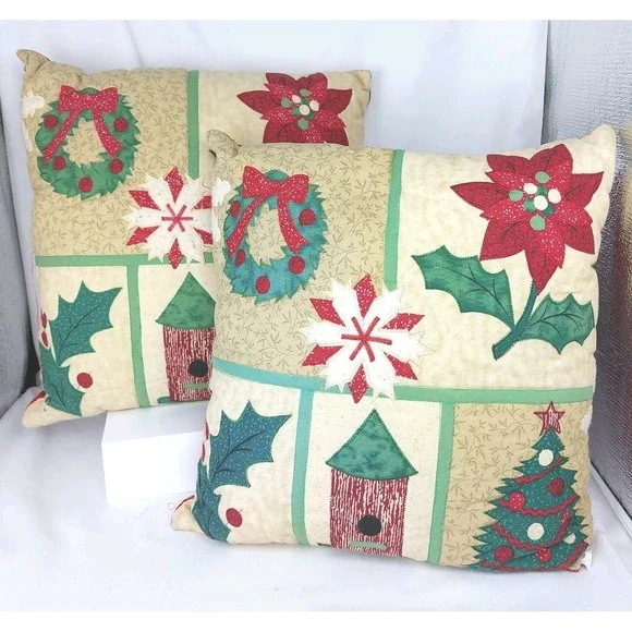 2 VTG Handmade Country Quilted Christmas‎ Accent Pillows 12