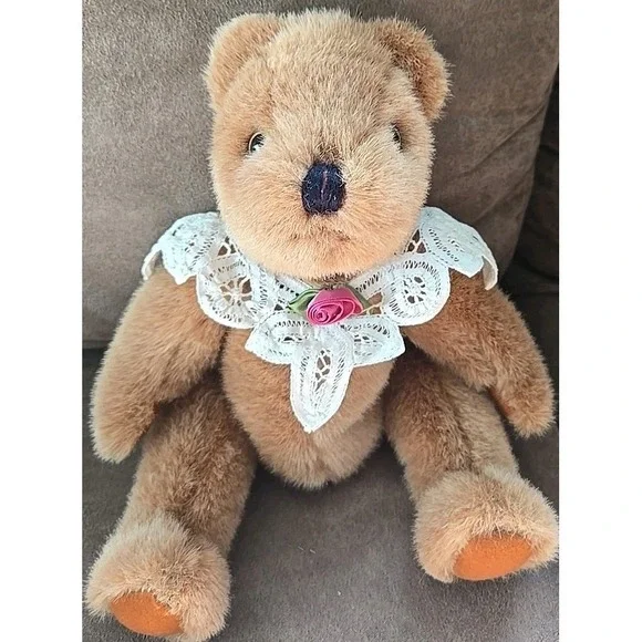 Collectible Jointed Plush Teddy Bear With Lace Collar Rose Couch Shelf Sitter