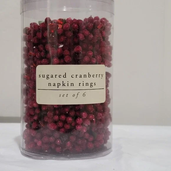 Pier 1 Sugared Cranberry Beaded w/Greenery Napkin Rings Holiday Set of 6