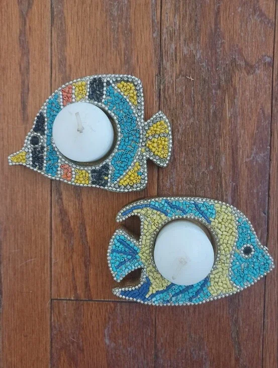 Vtg Set Of 2 Pier 1 Imports Beaded Tropical Fish Tea Light Candle Holders