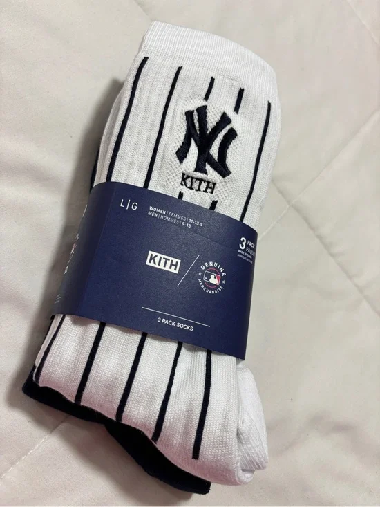 Kith White Crew Socks with Black Pinstripes & NY Logo (3-Pack)