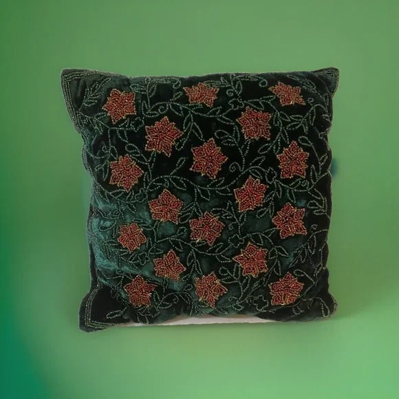 Beaded‎ Poinsettia Christmas Pillow 12