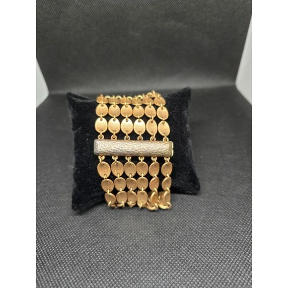 Gold-tone Multi Strand Oval Link Bracelet Textured Hammered Bar Statement Cuff