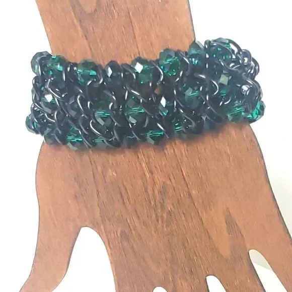 VINTAGE Chunky Black Chain & Faceted Beads Stretch Bracelet