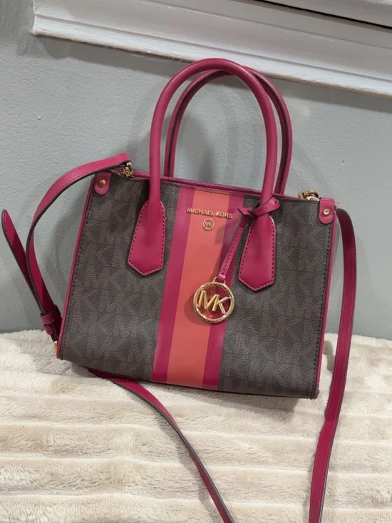 Michael Kors Brown Signature Satchel with Pink and Coral Stripes