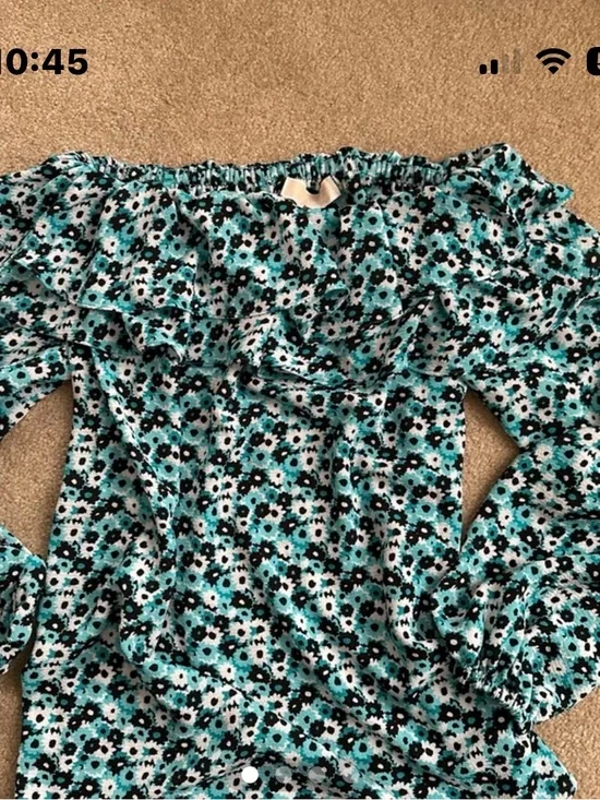 Michael Kors Off-Shoulder Floral Ruffle Top in Teal and Black Size S