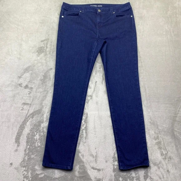 Michael Kors‎ Womens Skinny Jeans Dark Indigo Blue Stretch Denim MK Logo Sz 32