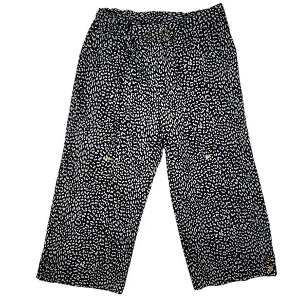 Michael Kors Women’s Cropped Pants Size L Black White Animal Print Drawstring