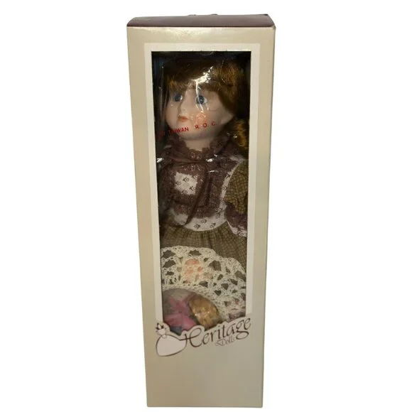 VTG Heritage Dolls Porcelain Doll Brown Victorian Lace Dress‎ Collectible NIB