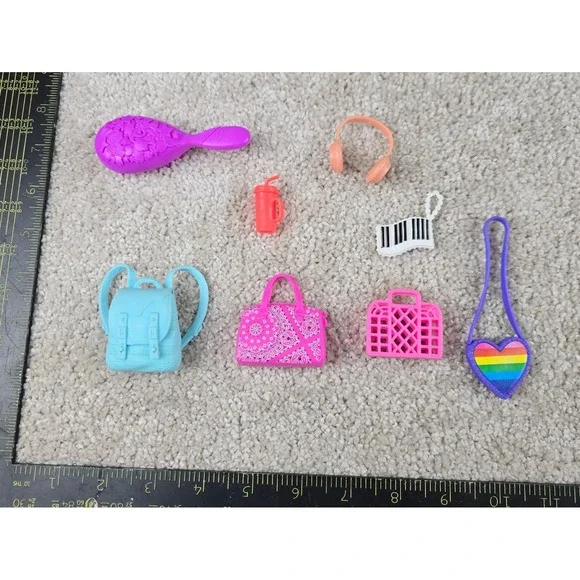 Barbie Doll Accessories Lot Multicolor Backpack Handbags Brush Headphones 8pc