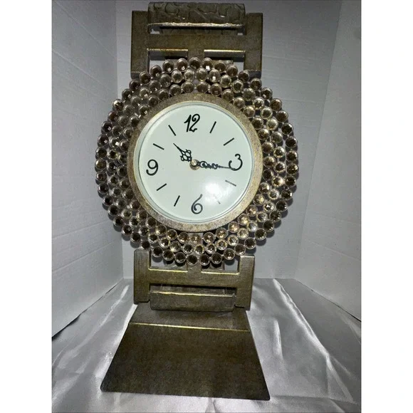 Oversized Wristwatch Style Desk Clock Gold Tone Crystal Bejeweled Table Decor