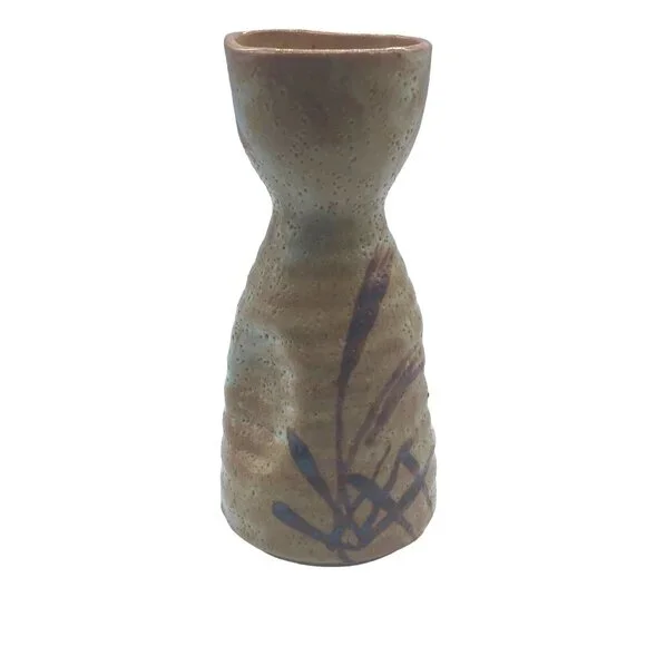 Vtg Japanese Ceramic Sake Bottle Vase Hand-Painted Grass Design Pier 1 Orange 5