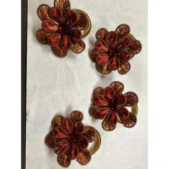Vintage Ganutell Flower Napkin Rings Set of 4 - Handmade Gold Red Wire Silk Art‎