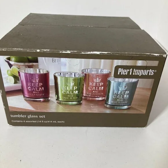 Set 4 Drinking Glass Pier 1 Imports Tumblers Iridescent Keep Calm 8 x 8 x 5