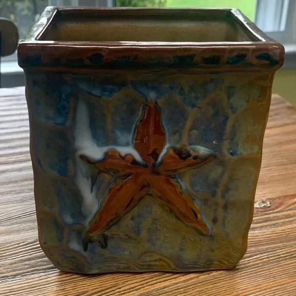 Pier 1 Ceramic Art Planter in Brown and Blue with Star Design
