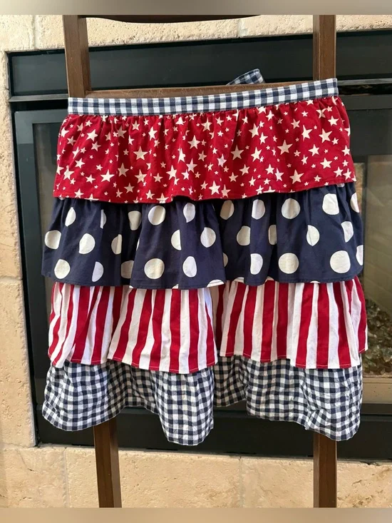 Pier 1 Imports Patriotic Americana Ruffle Half Apron Stars Stripes Gingham