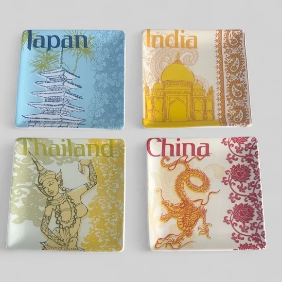 Pier‎ 1 Imports Asia Earthenware Countries Appetizer Plates Set of 4