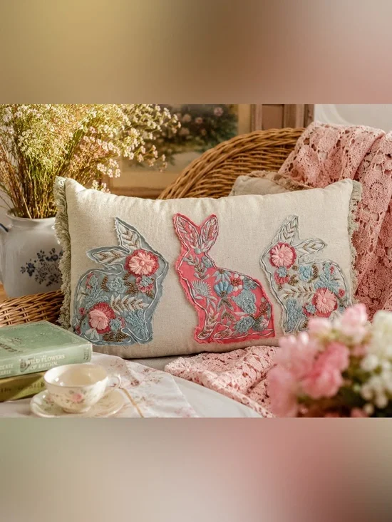 Pier 1 Appliqué Embroidered Rabbit Design Pillow Boho Cottagecore Fringe 20x11