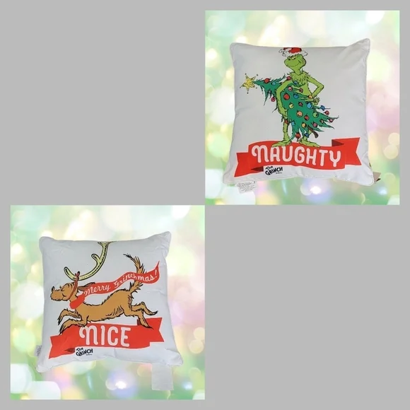Grinch Naughty / Max Nice Merry Grinchmas Christmas Throw Pillow 20