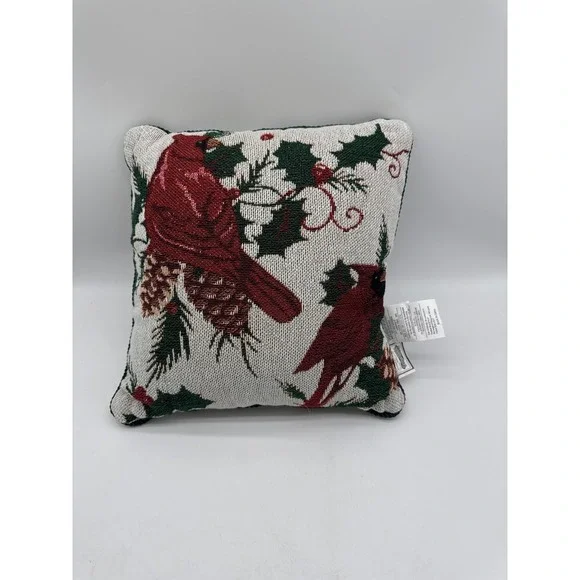 Vintage Cardinal Bird Holly Pine Cones 14X14‎ Tapestry Pillow