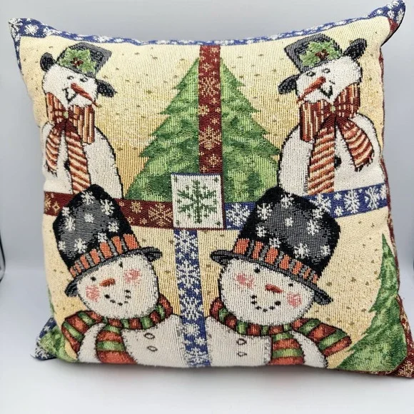 VTG Christmas Snowman Tapestry Throw Pillow 15x15 Holiday Cottagecore Farmhouse‎