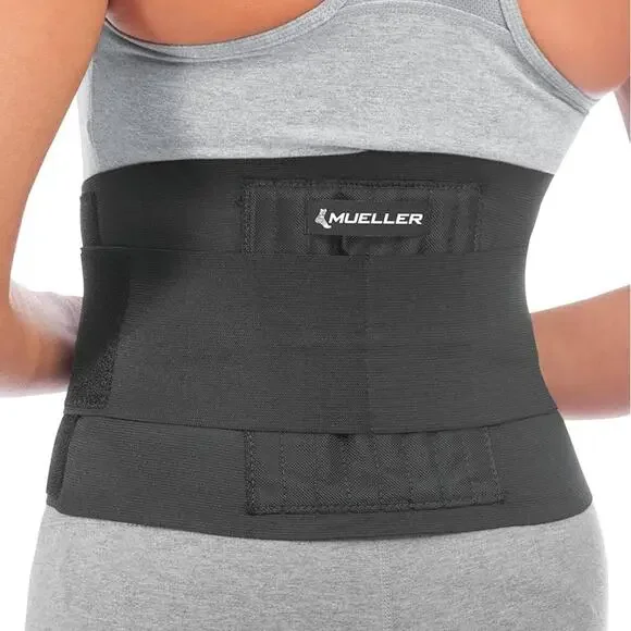 NEW MUELLER Black Unisex Adjustable Strap Back Brace Steel Rod Stretch Support