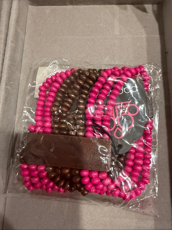 Beaded Stretch Bracelet - Hot Pink & Brown