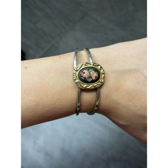 Vintage Hinged Cuff Bracelet Pink Petit Point Embroiderd Floral Victorian