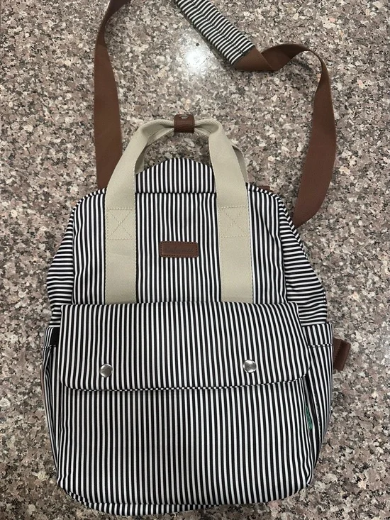 Babymel Black & White Striped Sling Backpack with Brown Strap