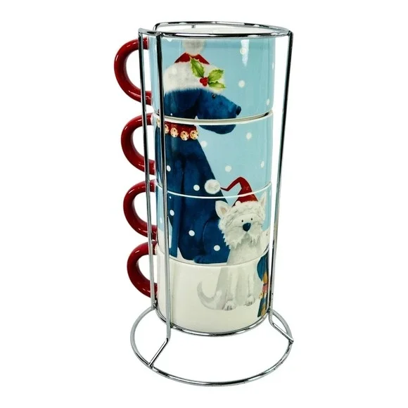 Pier 1 Christmas Holiday Dogs Stackable Coffee Mugs with Metal Stand‎