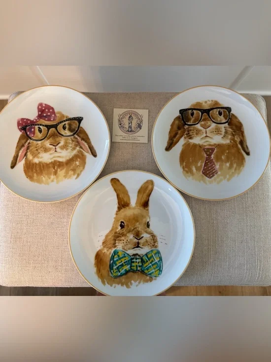 3 Pier 1 Dressed Up Bunnies Salad Appetizer Plates Polka Dots & Plaid Bows 8