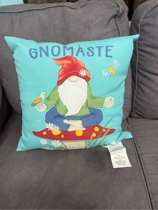 2 Gnomaste Garden Gnome outside Throw Pillow one has a stain