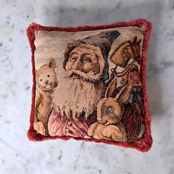 Vtg Christmas Santa Tapestry Throw Pillow Pink Fringe Velvet 10x10 in Victorian