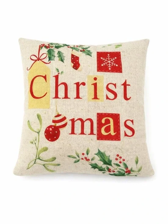 Festive Christmas Throw Pillow Cover Off White with Zipper – Holiday Decorative