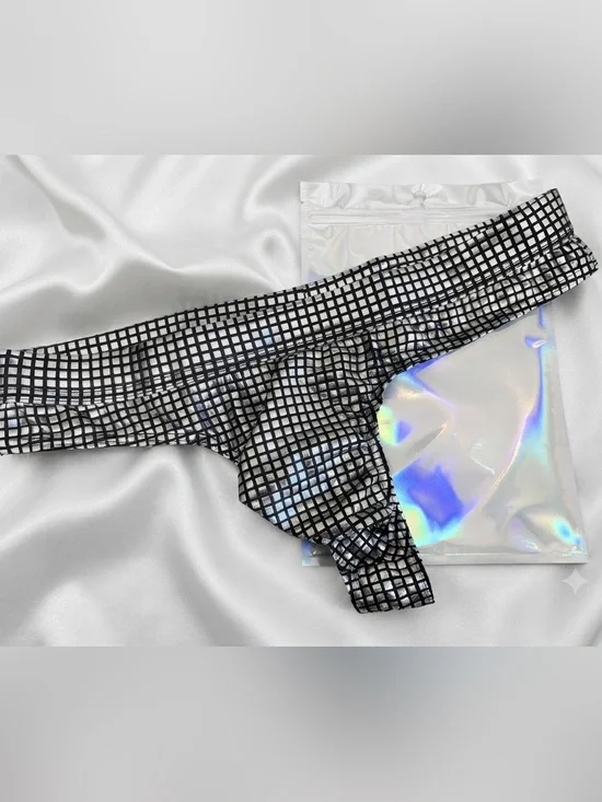 Men's Metallic Square-Grid Tanga Thong - Size XL - New