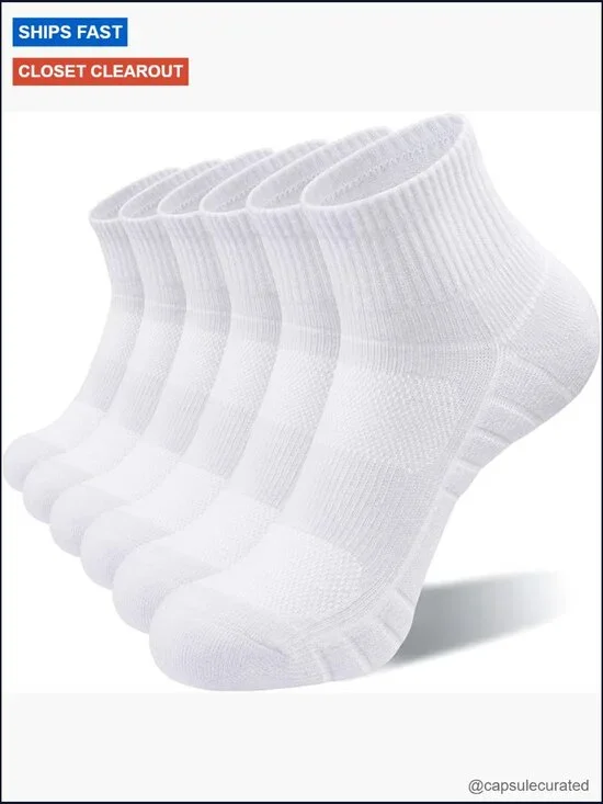 6 Pack Athletic Quarter Socks, Cushioned Arch Support, Non-Slip Running Ankle