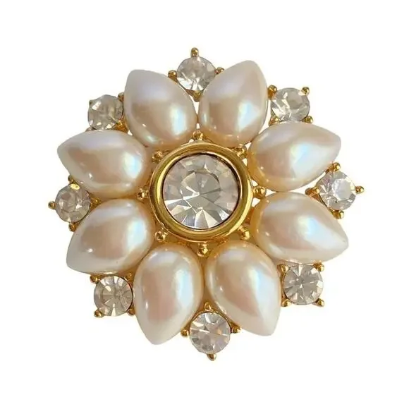 Vintage 60s Rhinestone Pearl Brooch Pendant Necklace‎ Gold Tone Flower Sunburst