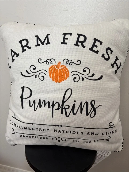 Farm Fresh Pumpkins Decorative Pillow - White with Orange Pumpkin- Farmhouse