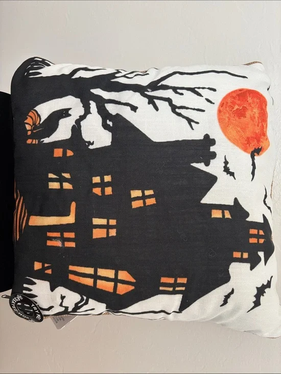Halloween Haunted House Decorative Pillow - Black & Orange- lights up