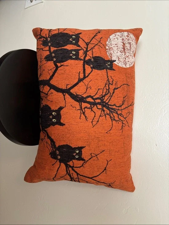 Halloween Orange Pillow with Black Cat Silhouettes