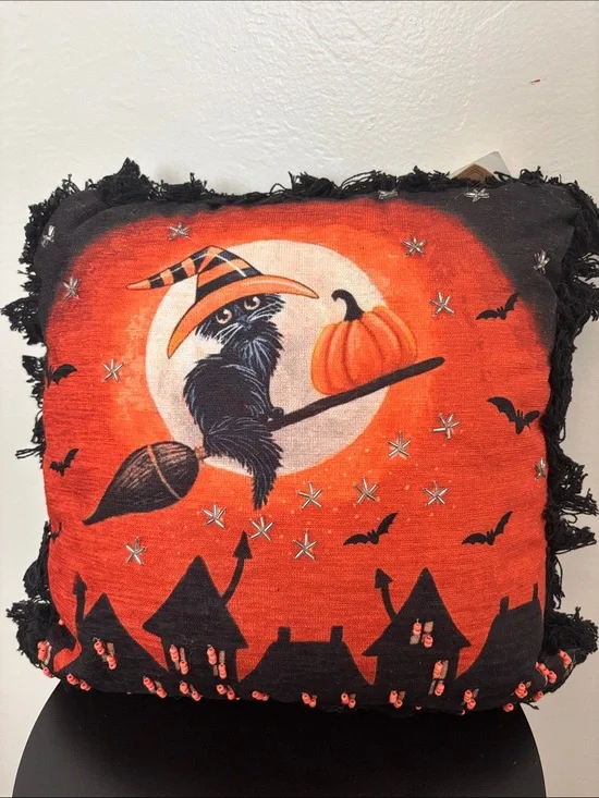 Halloween Witch Cat Decorative Pillow - Orange & Black- brand new