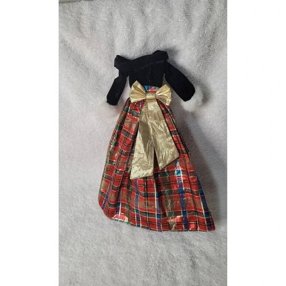 Holiday Doll Gown Black Velvet Red Metallic Plaid Gold Bow Christmas Outfit