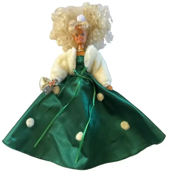 Vintage 80s/90s Barbie Green Satin Gown White Fur Coat Silver Purse Curly Blonde